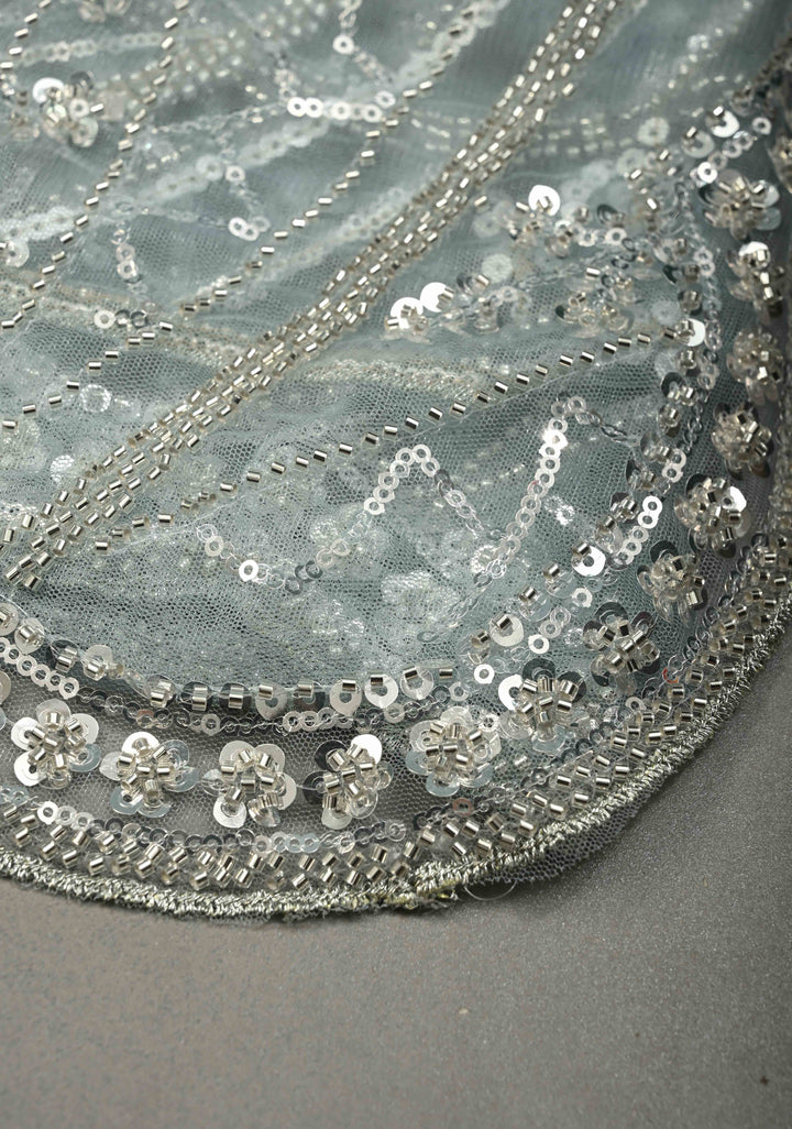 Powder Blue Swirling Design Sequins, Cutdana on Net Saree with Scallop Border | SHOBITAM