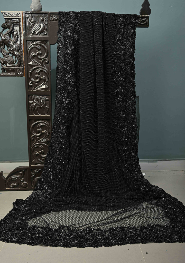Black Net Saree with Hand-Embroidered Sequin Borders and Shimmering Cutdana Stitched Beadwork Work | SHOBITAM