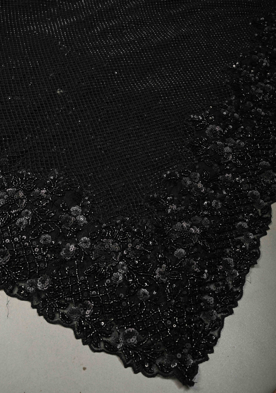 Black Net Saree with Hand-Embroidered Sequin Borders and Shimmering Cutdana Stitched Beadwork Work | SHOBITAM