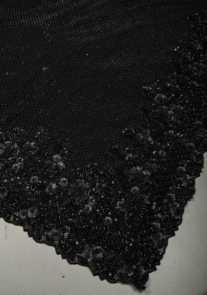 Black Net Saree with Hand-Embroidered Sequin Borders and Shimmering Cutdana Stitched Beadwork Work | SHOBITAM