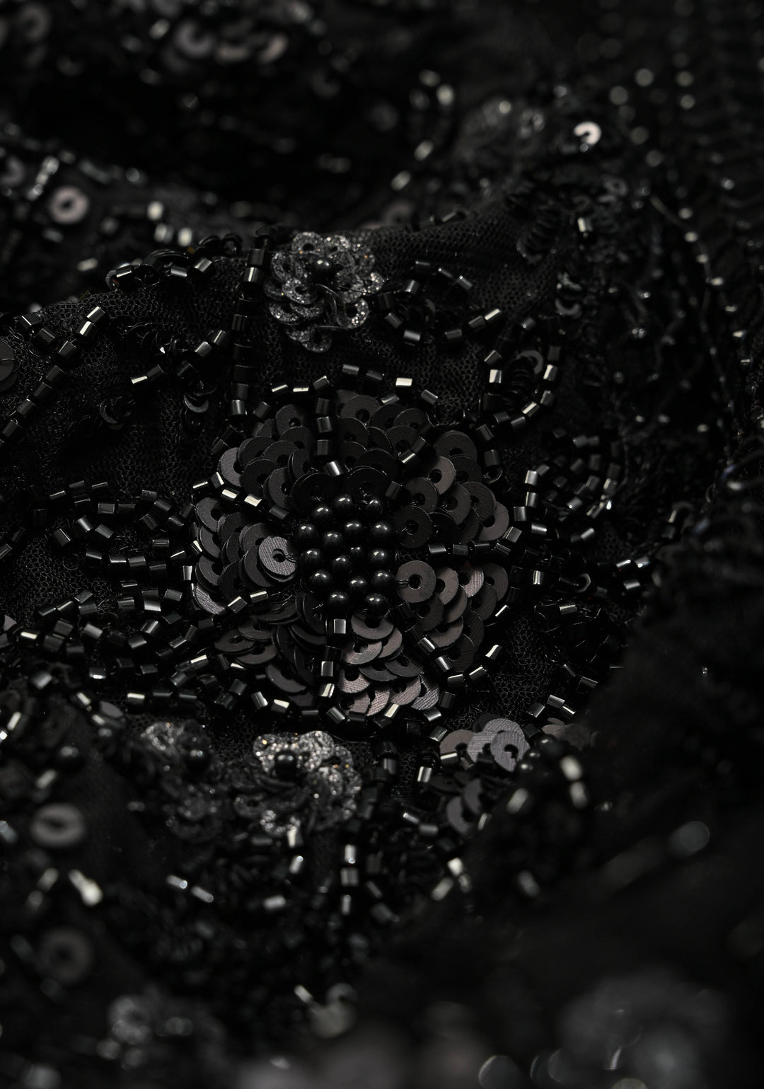 Black Net Saree with Hand-Embroidered Sequin Borders and Shimmering Cutdana Stitched Beadwork Work | SHOBITAM