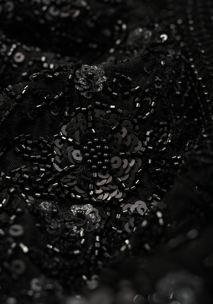 Black Net Saree with Hand-Embroidered Sequin Borders and Shimmering Cutdana Stitched Beadwork Work | SHOBITAM