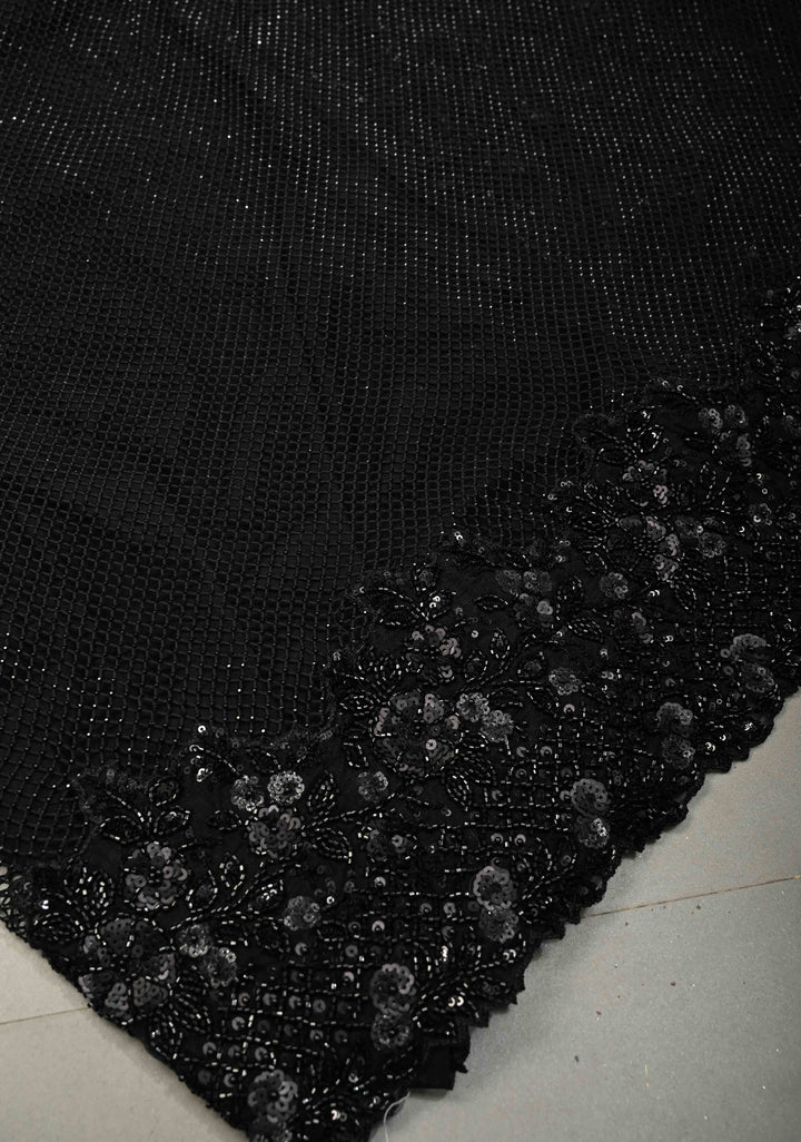 Black Net Saree with Hand-Embroidered Sequin Borders and Shimmering Cutdana Stitched Beadwork Work | SHOBITAM