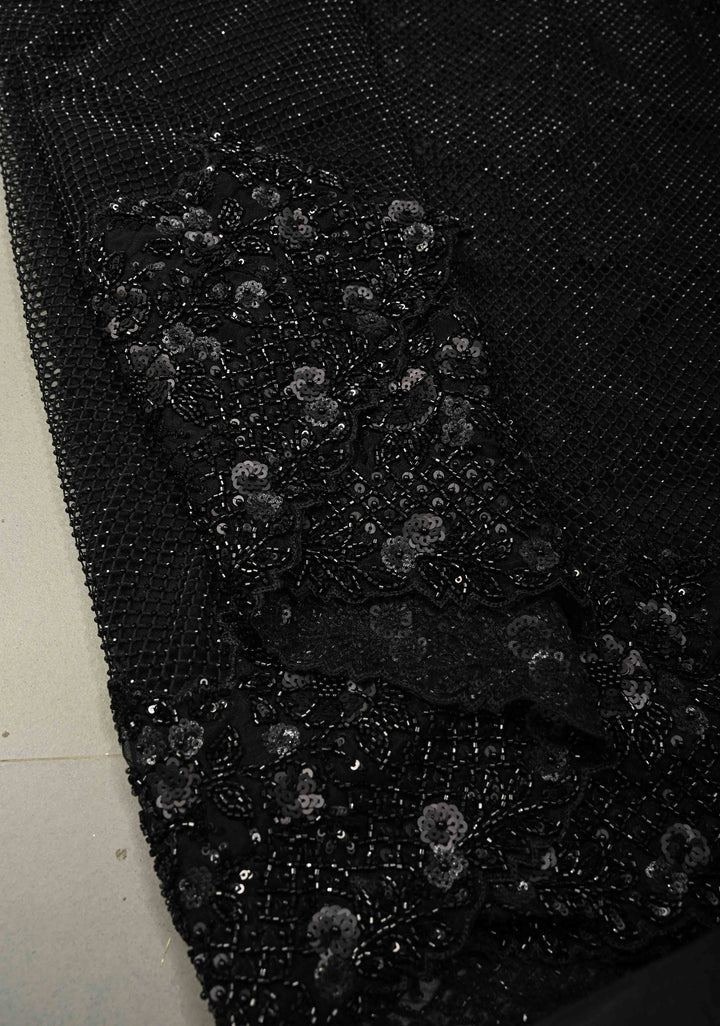 Black Net Saree with Hand-Embroidered Sequin Borders and Shimmering Cutdana Stitched Beadwork Work | SHOBITAM