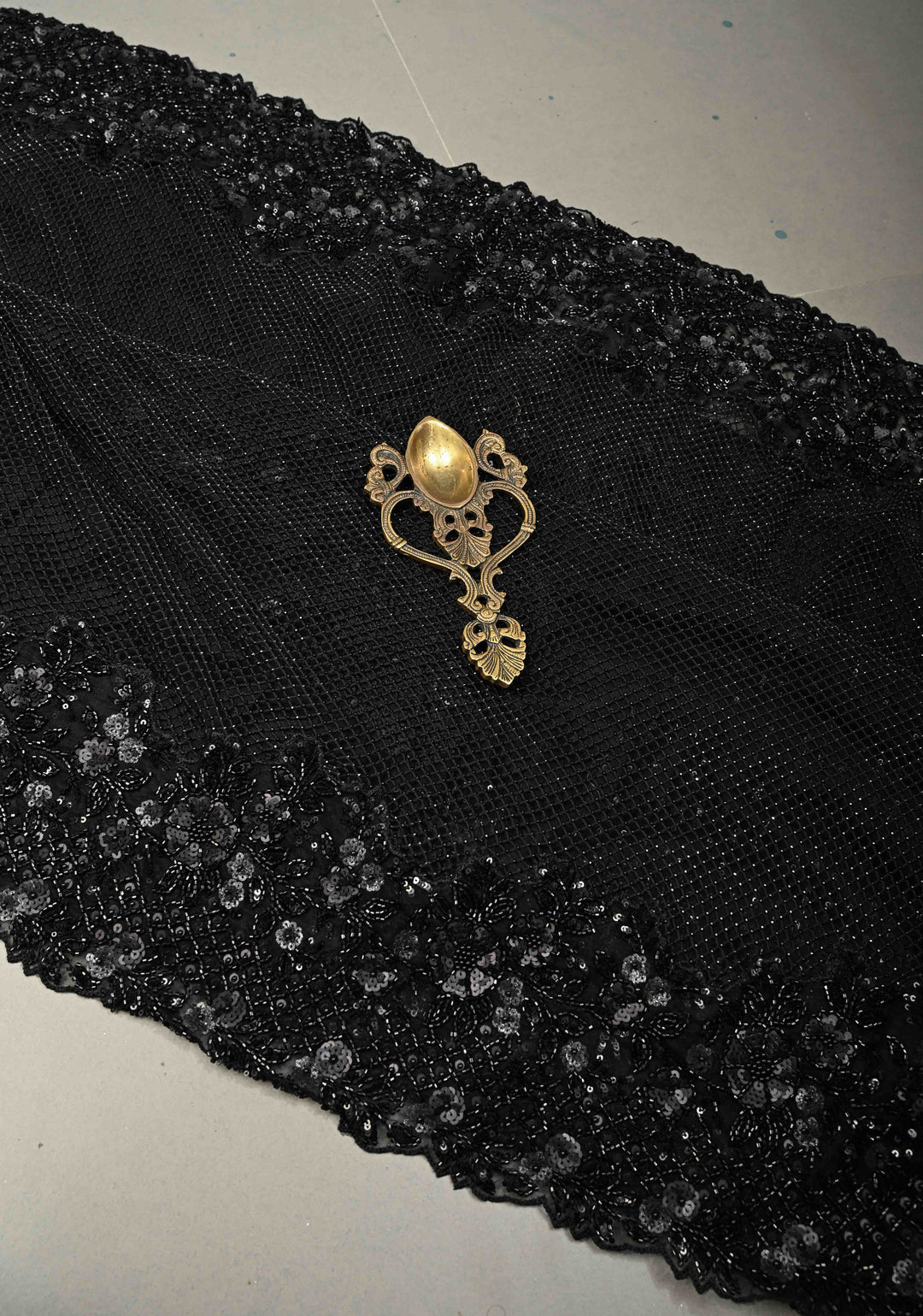Black Net Saree with Hand-Embroidered Sequin Borders and Shimmering Cutdana Stitched Beadwork Work | SHOBITAM
