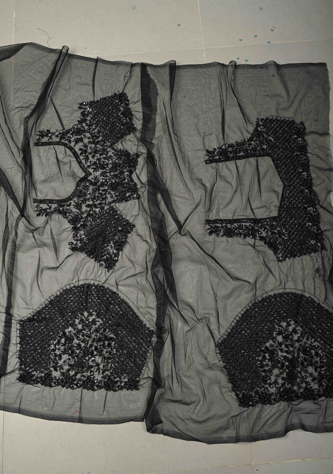 Black Net Saree with Hand-Embroidered Sequin Borders and Shimmering Cutdana Stitched Beadwork Work | SHOBITAM