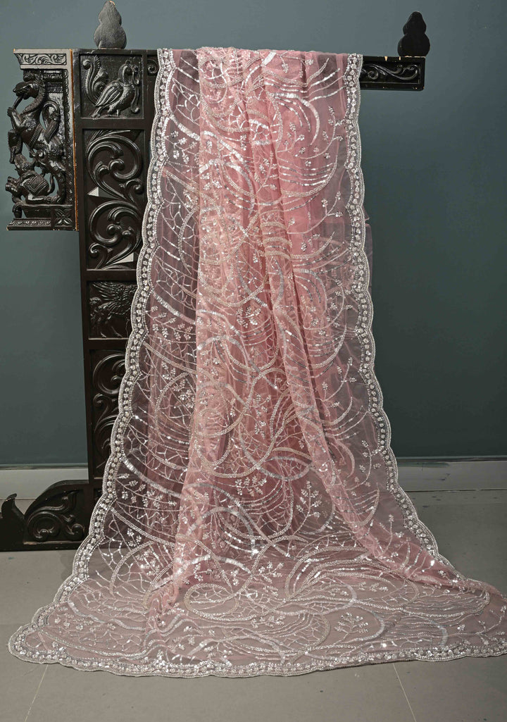 Blush Pink Swirling Design Sequins, Cutdana on Net Saree with Scallop Border | SHOBITAM