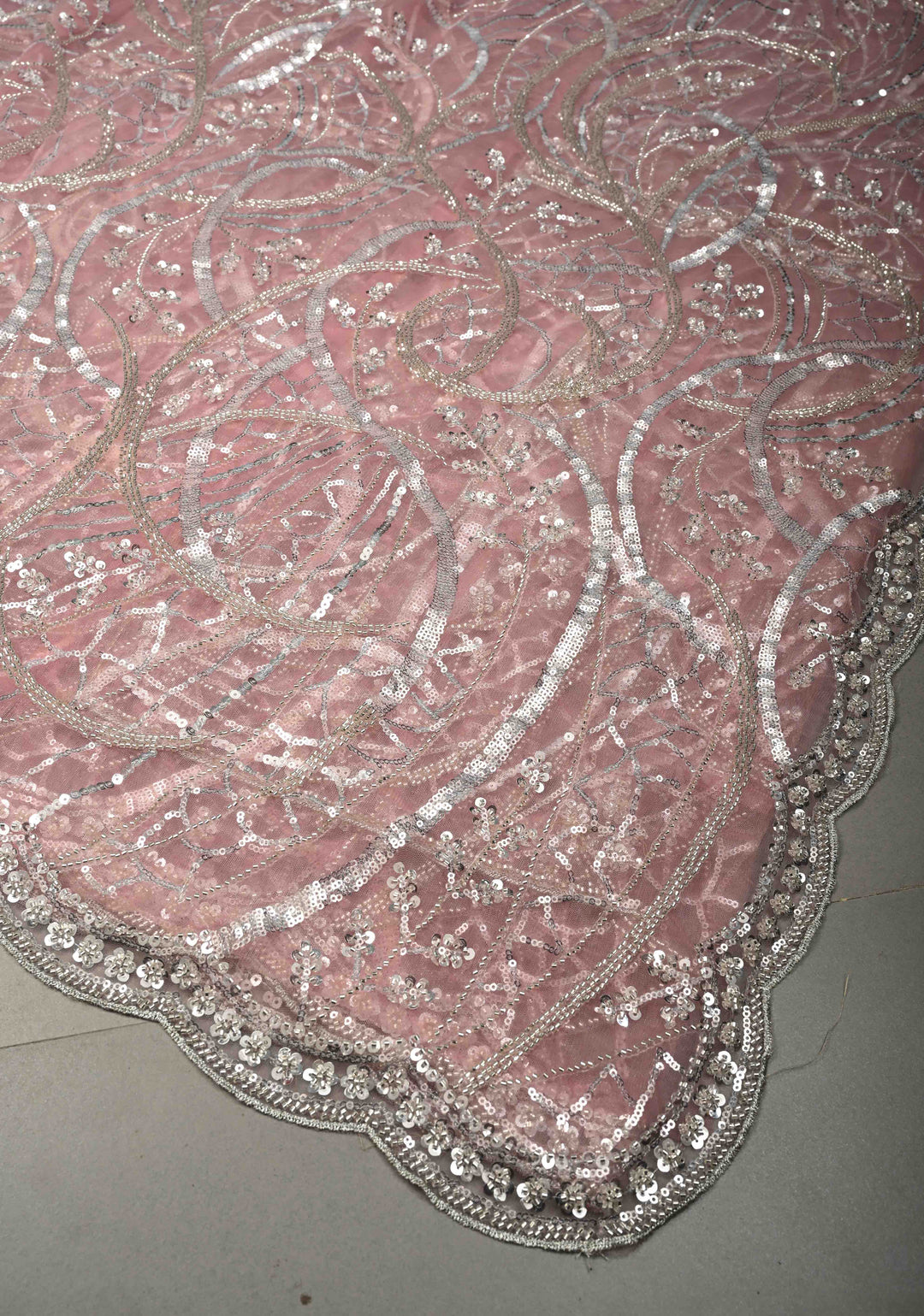 Blush Pink Swirling Design Sequins, Cutdana on Net Saree with Scallop Border | SHOBITAM