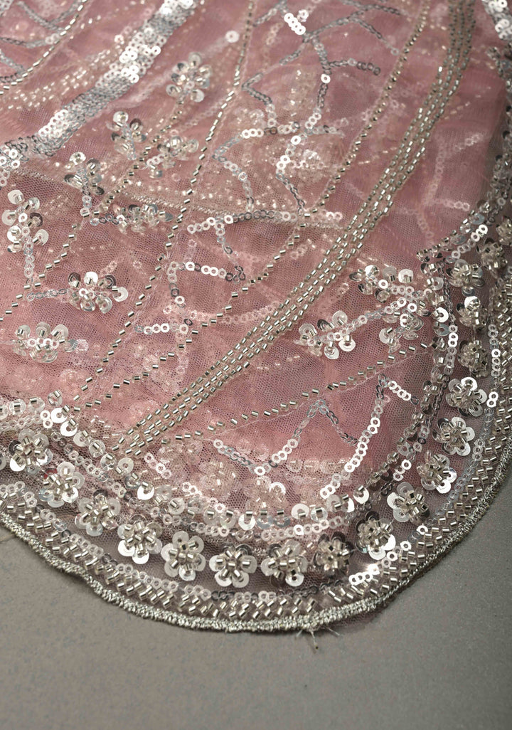 Blush Pink Swirling Design Sequins, Cutdana on Net Saree with Scallop Border | SHOBITAM