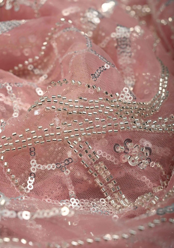 Blush Pink Swirling Design Sequins, Cutdana on Net Saree with Scallop Border | SHOBITAM