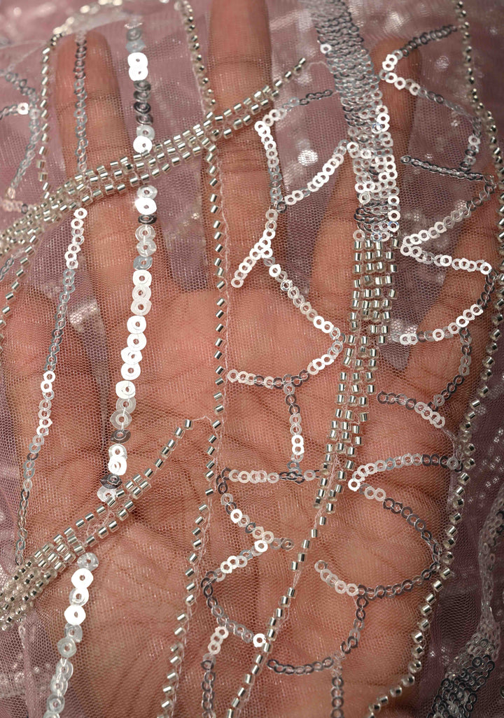 Blush Pink Swirling Design Sequins, Cutdana on Net Saree with Scallop Border | SHOBITAM