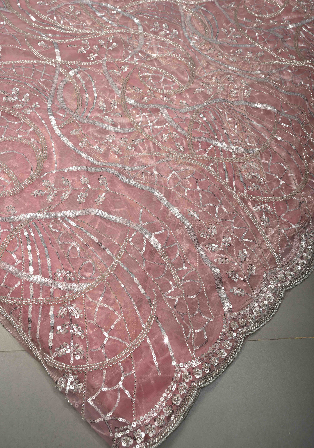 Blush Pink Swirling Design Sequins, Cutdana on Net Saree with Scallop Border | SHOBITAM