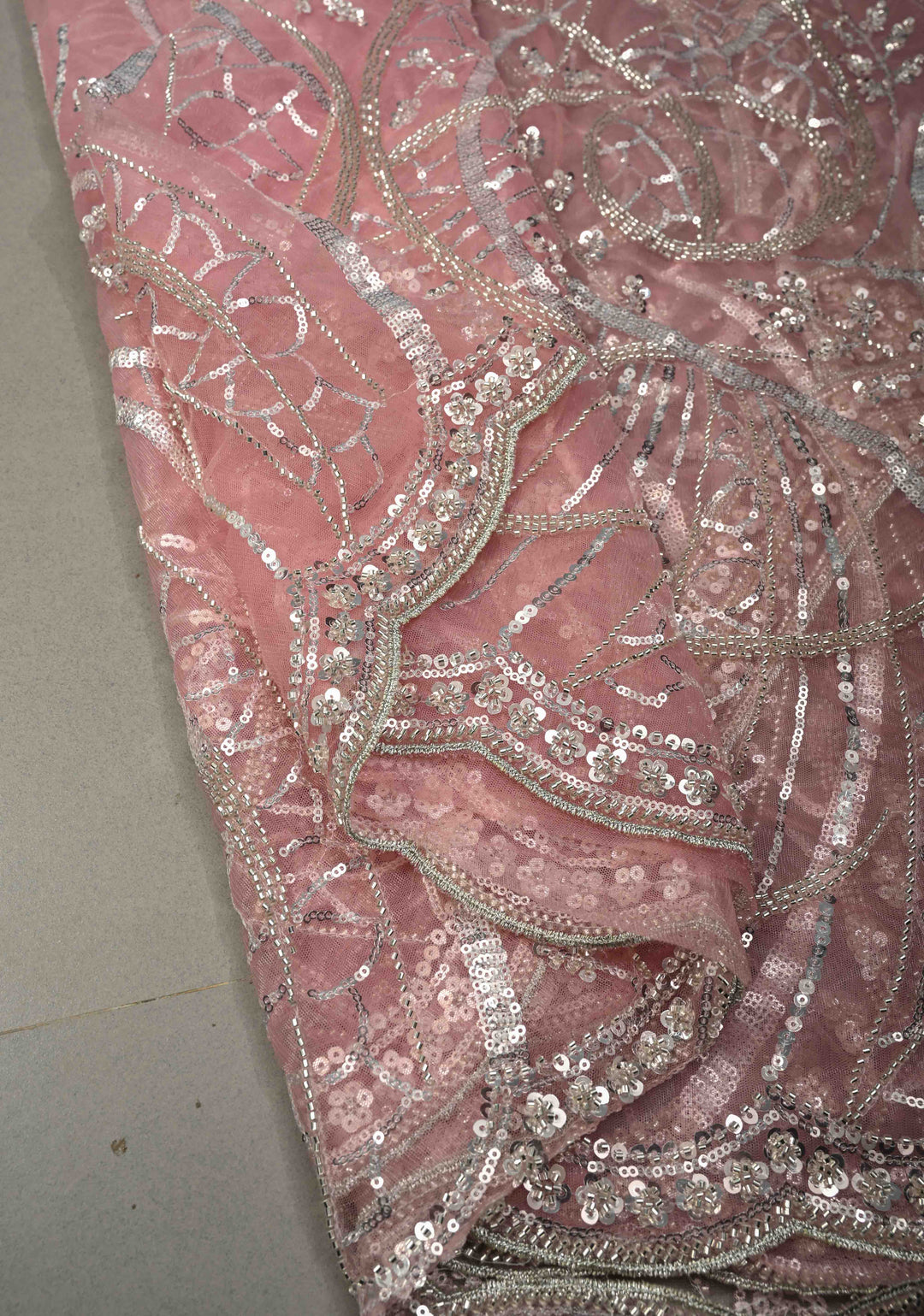 Blush Pink Swirling Design Sequins, Cutdana on Net Saree with Scallop Border | SHOBITAM