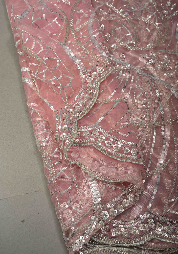 Blush Pink Swirling Design Sequins, Cutdana on Net Saree with Scallop Border | SHOBITAM