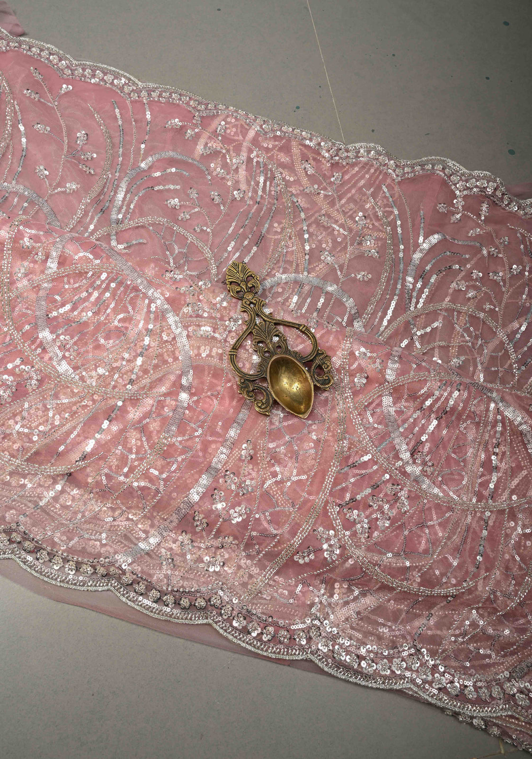 Blush Pink Swirling Design Sequins, Cutdana on Net Saree with Scallop Border | SHOBITAM