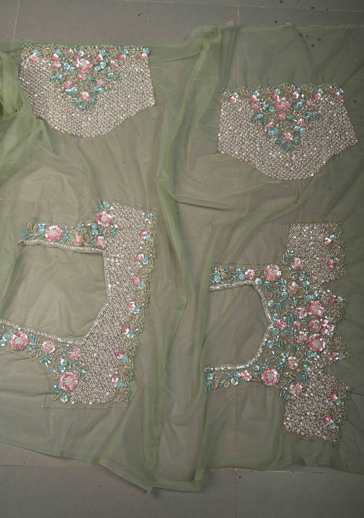 Sage Green Meenakari Cutdana, Sequins and Moti Embellishment on Net Saree with Geometric Design and Stone Work | SHOBITAM