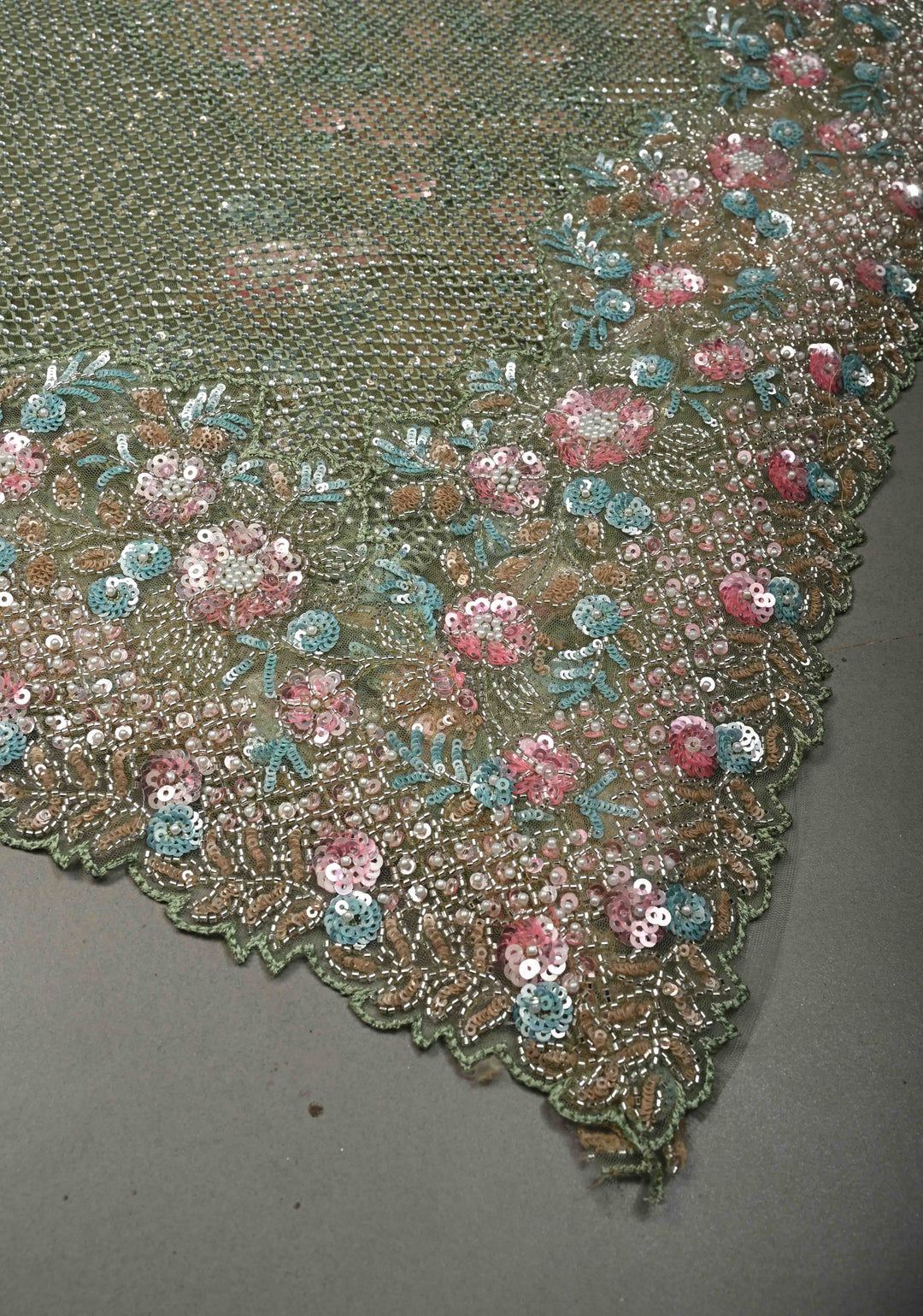 Sage Green Meenakari Cutdana, Sequins and Moti Embellishment on Net Saree with Geometric Design and Stone Work | SHOBITAM