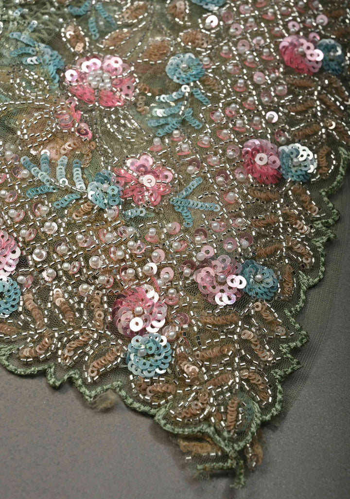 Sage Green Meenakari Cutdana, Sequins and Moti Embellishment on Net Saree with Geometric Design and Stone Work | SHOBITAM