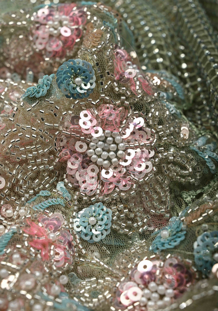 Sage Green Meenakari Cutdana, Sequins and Moti Embellishment on Net Saree with Geometric Design and Stone Work | SHOBITAM