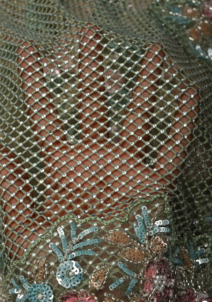 Sage Green Meenakari Cutdana, Sequins and Moti Embellishment on Net Saree with Geometric Design and Stone Work | SHOBITAM