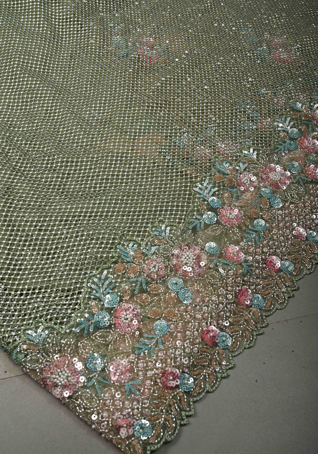 Sage Green Meenakari Cutdana, Sequins and Moti Embellishment on Net Saree with Geometric Design and Stone Work | SHOBITAM
