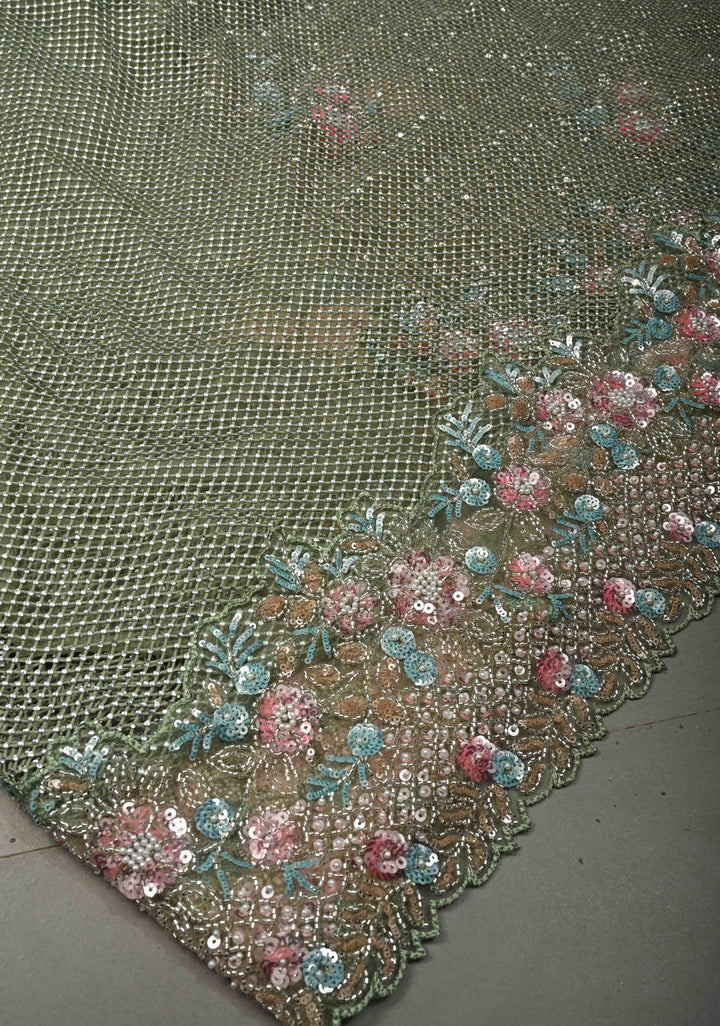 Sage Green Meenakari Cutdana, Sequins and Moti Embellishment on Net Saree with Geometric Design and Stone Work | SHOBITAM