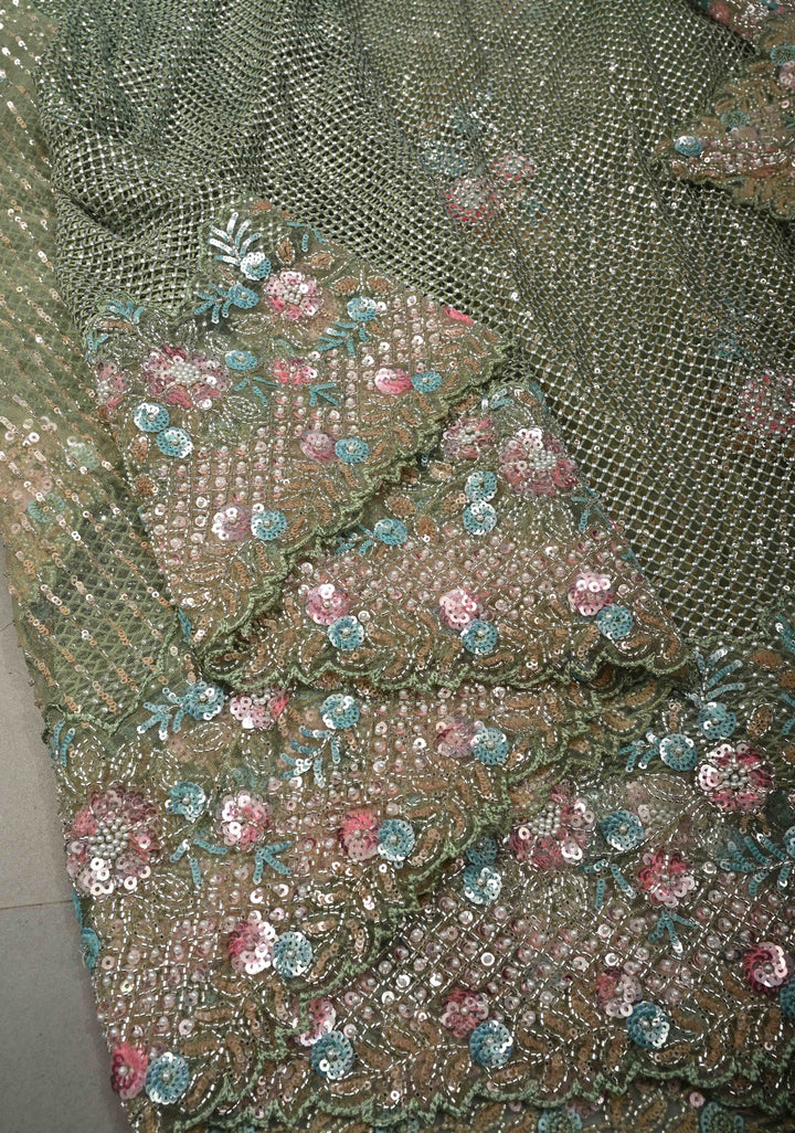 Sage Green Meenakari Cutdana, Sequins and Moti Embellishment on Net Saree with Geometric Design and Stone Work | SHOBITAM