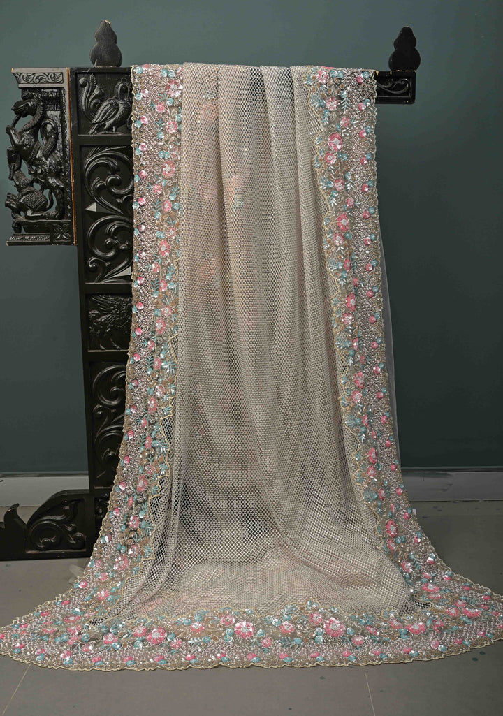 Beige Meenakari Cutdana, Sequins and Moti Embellishment on Net Half-Half Saree with Geometric Design and Stone Work | SHOBITAM