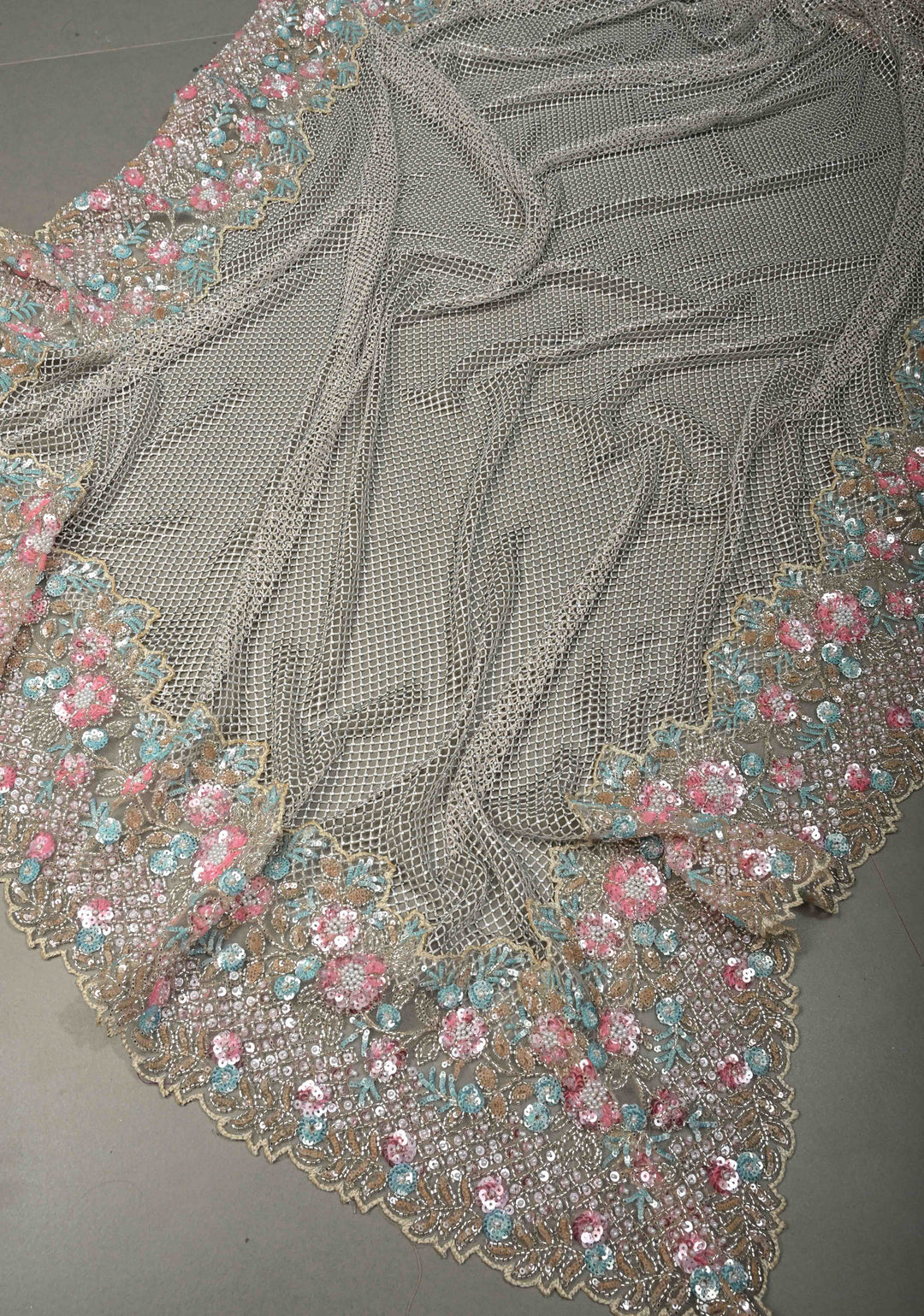 Beige Meenakari Cutdana, Sequins and Moti Embellishment on Net Half-Half Saree with Geometric Design and Stone Work | SHOBITAM