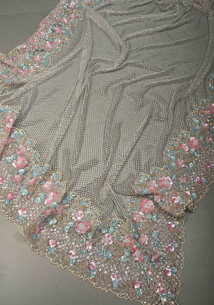 Beige Meenakari Cutdana, Sequins and Moti Embellishment on Net Half-Half Saree with Geometric Design and Stone Work | SHOBITAM