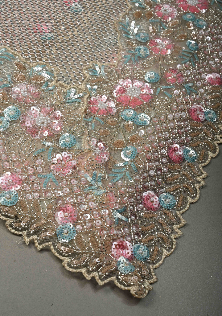 Beige Meenakari Cutdana, Sequins and Moti Embellishment on Net Half-Half Saree with Geometric Design and Stone Work | SHOBITAM