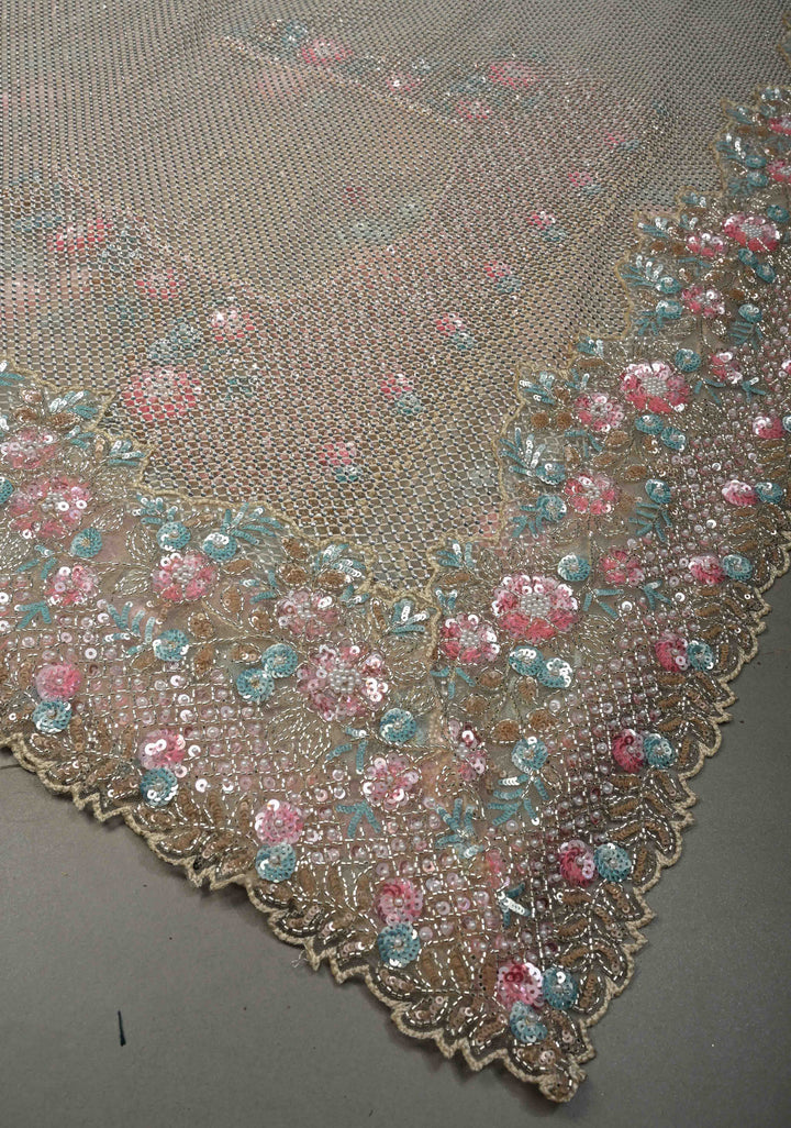 Beige Meenakari Cutdana, Sequins and Moti Embellishment on Net Half-Half Saree with Geometric Design and Stone Work | SHOBITAM