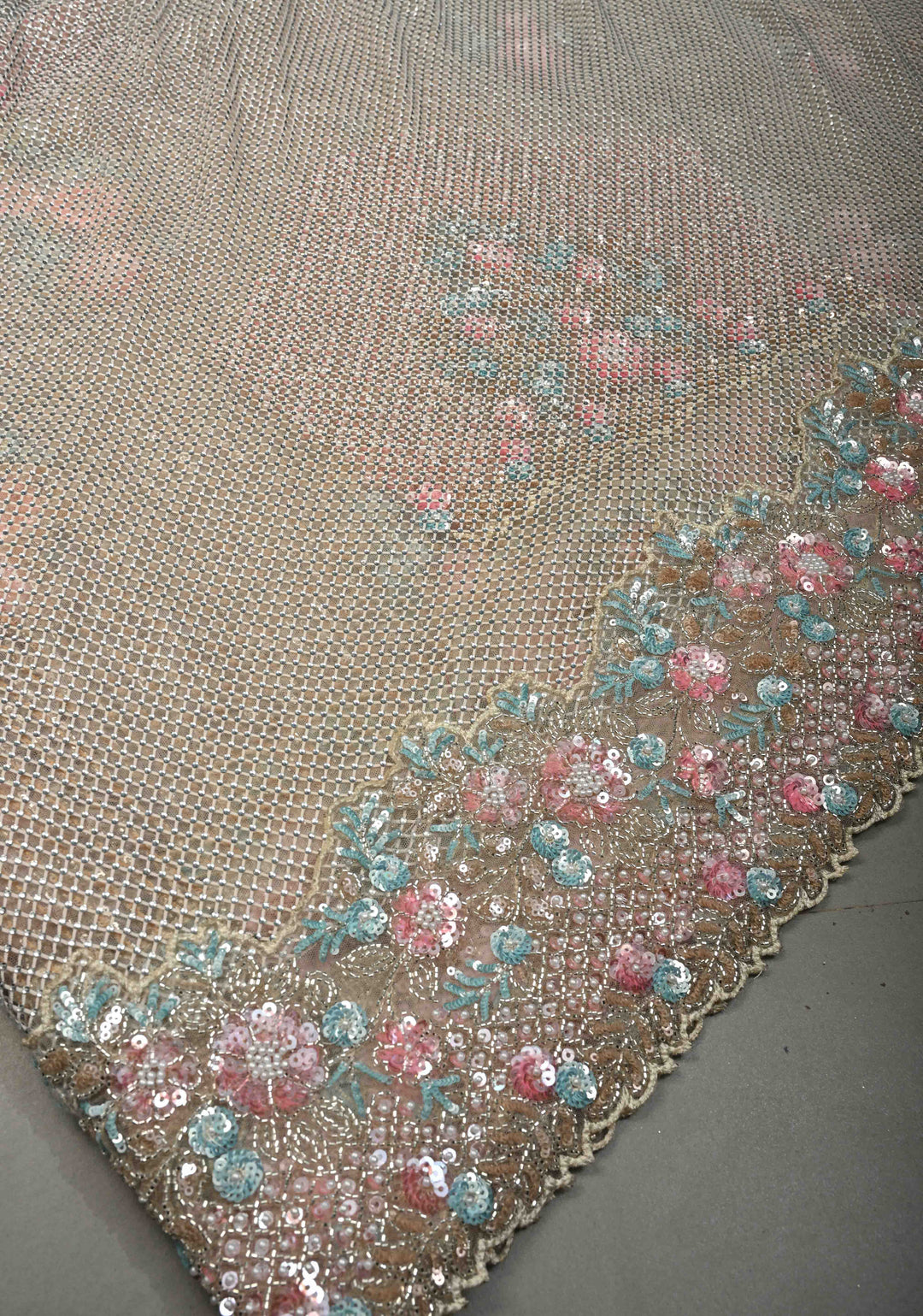 Beige Meenakari Cutdana, Sequins and Moti Embellishment on Net Half-Half Saree with Geometric Design and Stone Work | SHOBITAM