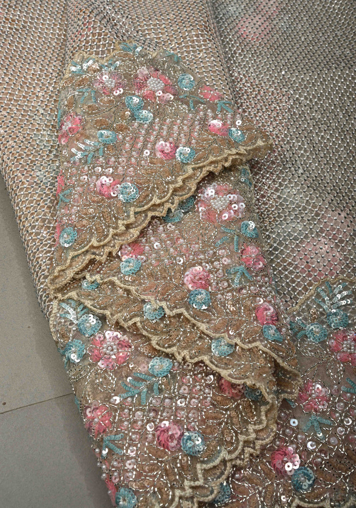 Beige Meenakari Cutdana, Sequins and Moti Embellishment on Net Half-Half Saree with Geometric Design and Stone Work | SHOBITAM