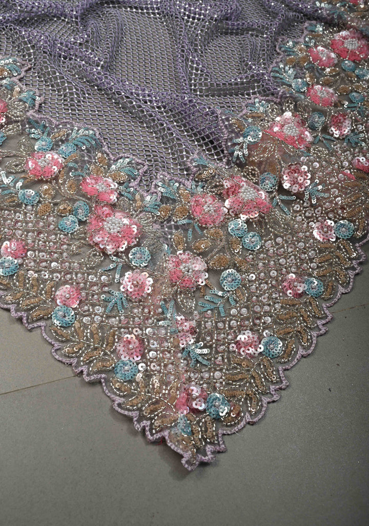 Lavender Meenakari Cutdana, Sequins and Moti Embellishment on Half-Half Net Saree with Geometric Design and Stone Work