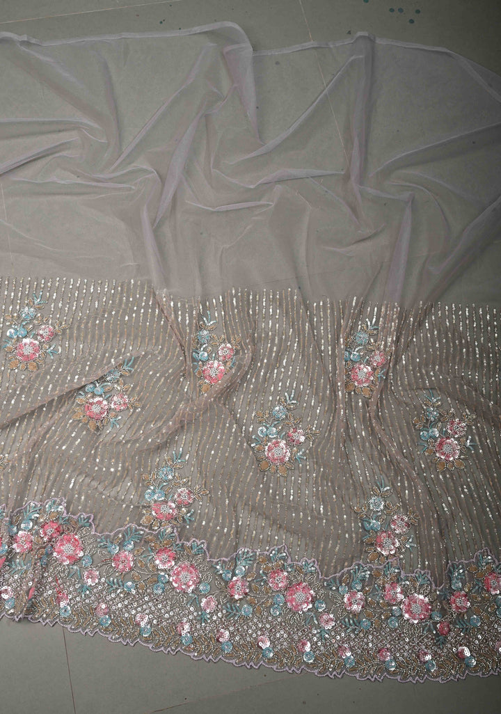Lavender Meenakari Cutdana, Sequins and Moti Embellishment on Half-Half Net Saree with Geometric Design and Stone Work