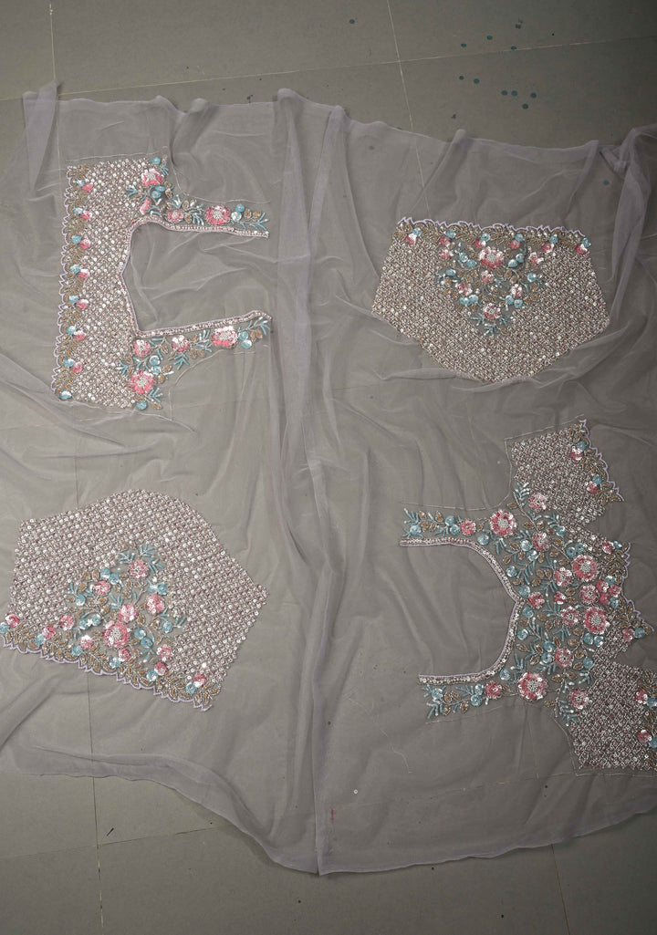 Lavender Meenakari Cutdana, Sequins and Moti Embellishment on Half-Half Net Saree with Geometric Design and Stone Work