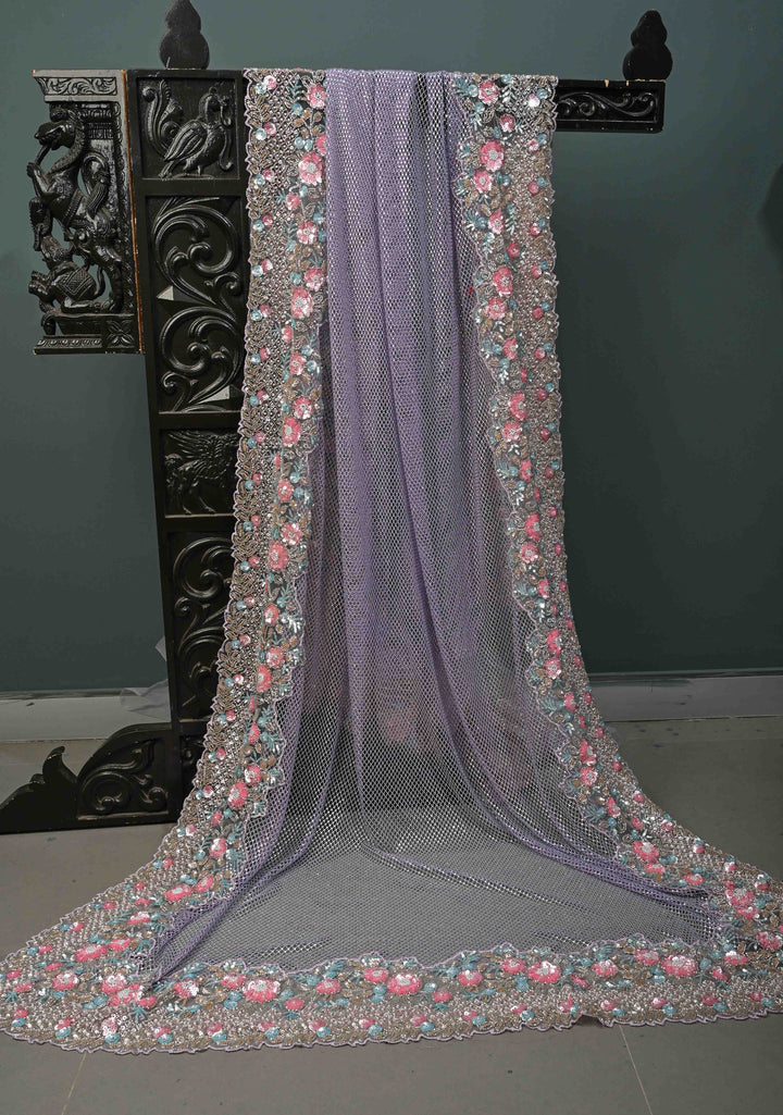 Lavender Meenakari Cutdana, Sequins and Moti Embellishment on Half-Half Net Saree with Geometric Design and Stone Work