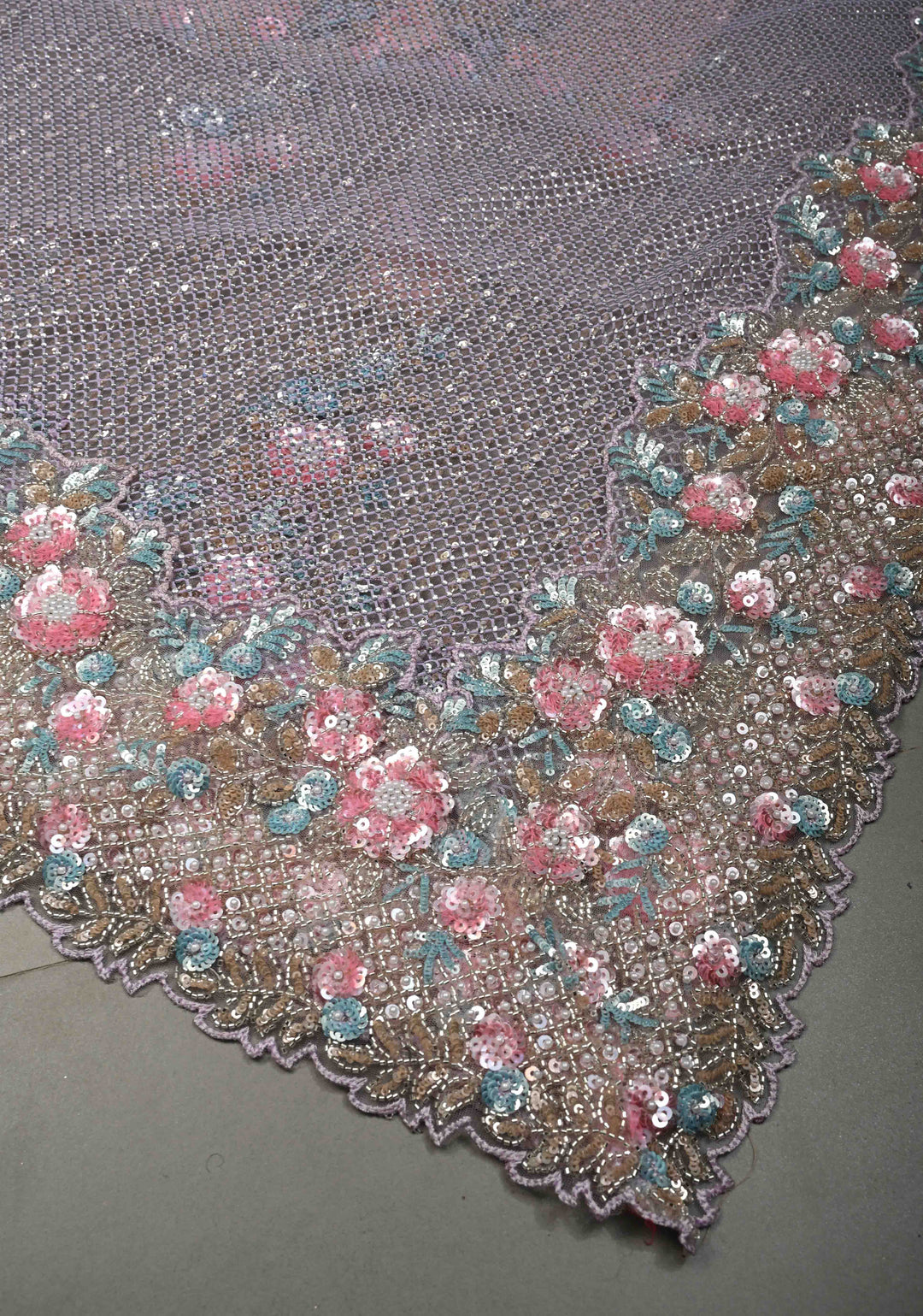 Lavender Meenakari Cutdana, Sequins and Moti Embellishment on Half-Half Net Saree with Geometric Design and Stone Work