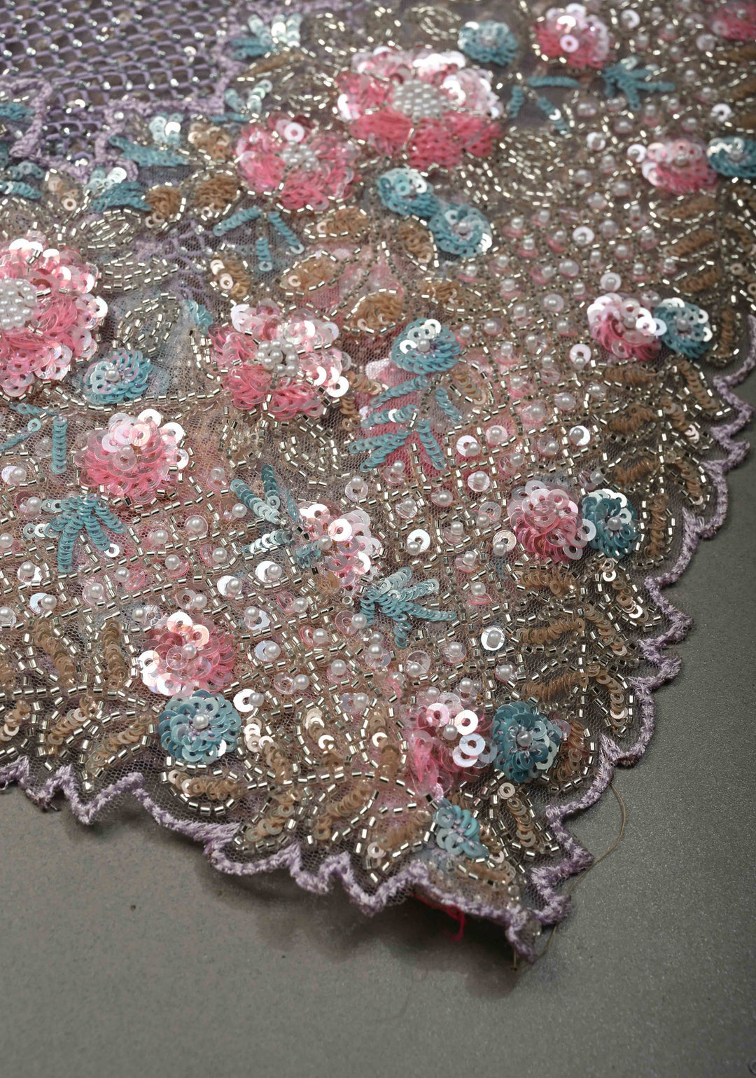 Lavender Meenakari Cutdana, Sequins and Moti Embellishment on Half-Half Net Saree with Geometric Design and Stone Work