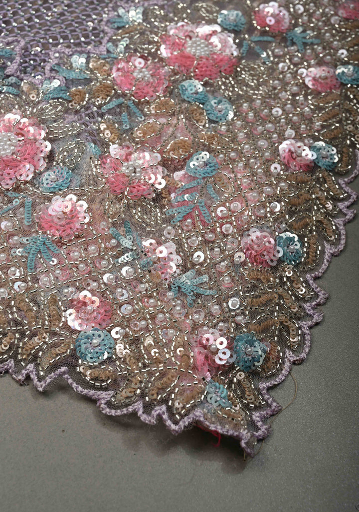 Lavender Meenakari Cutdana, Sequins and Moti Embellishment on Half-Half Net Saree with Geometric Design and Stone Work