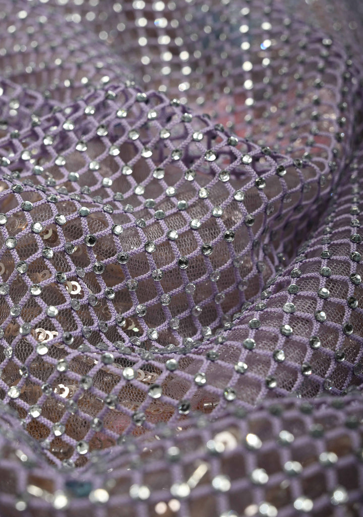 Lavender Meenakari Cutdana, Sequins and Moti Embellishment on Half-Half Net Saree with Geometric Design and Stone Work