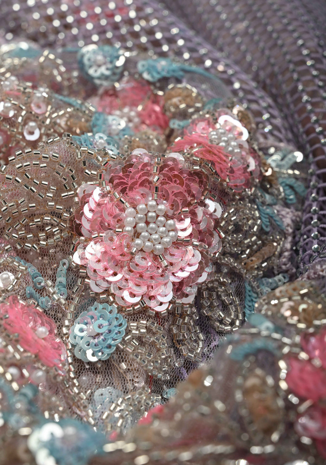 Lavender Meenakari Cutdana, Sequins and Moti Embellishment on Half-Half Net Saree with Geometric Design and Stone Work