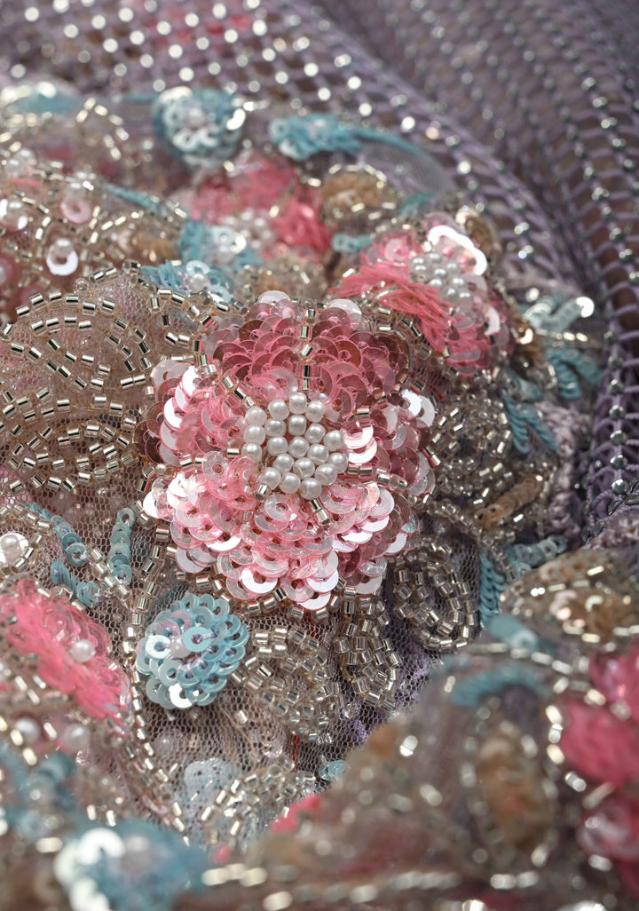 Lavender Meenakari Cutdana, Sequins and Moti Embellishment on Half-Half Net Saree with Geometric Design and Stone Work