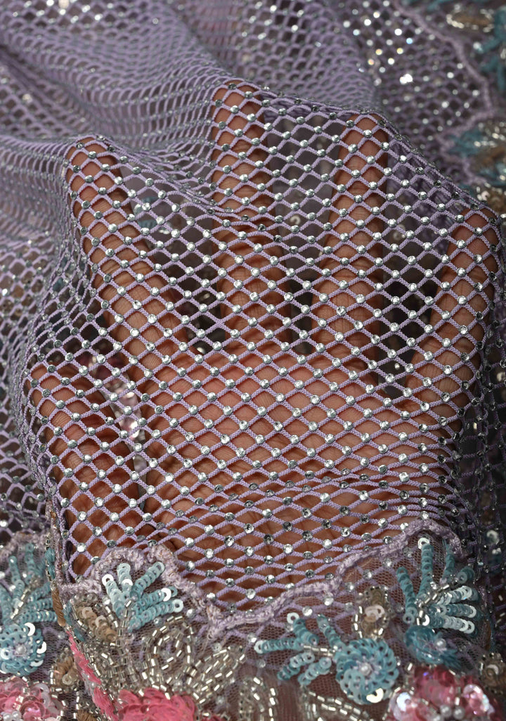 Lavender Meenakari Cutdana, Sequins and Moti Embellishment on Half-Half Net Saree with Geometric Design and Stone Work