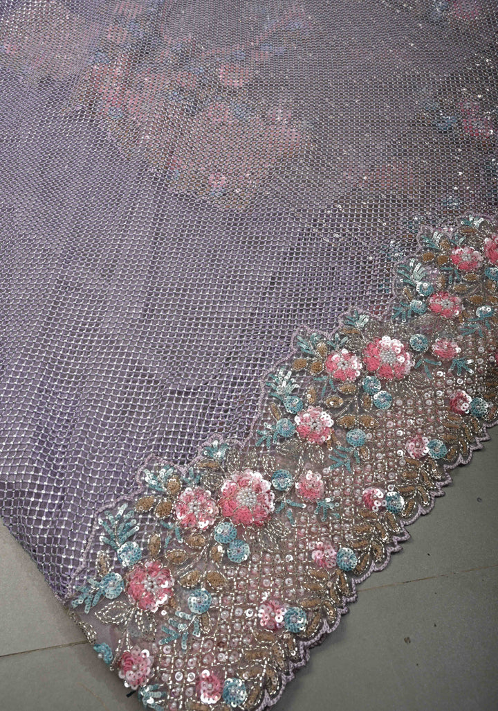 Lavender Meenakari Cutdana, Sequins and Moti Embellishment on Half-Half Net Saree with Geometric Design and Stone Work