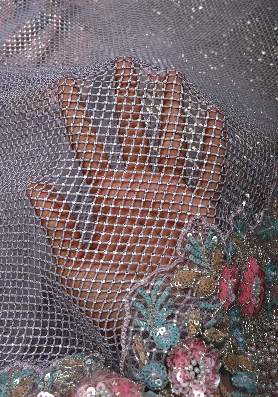 Lavender Meenakari Cutdana, Sequins and Moti Embellishment on Half-Half Net Saree with Geometric Design and Stone Work