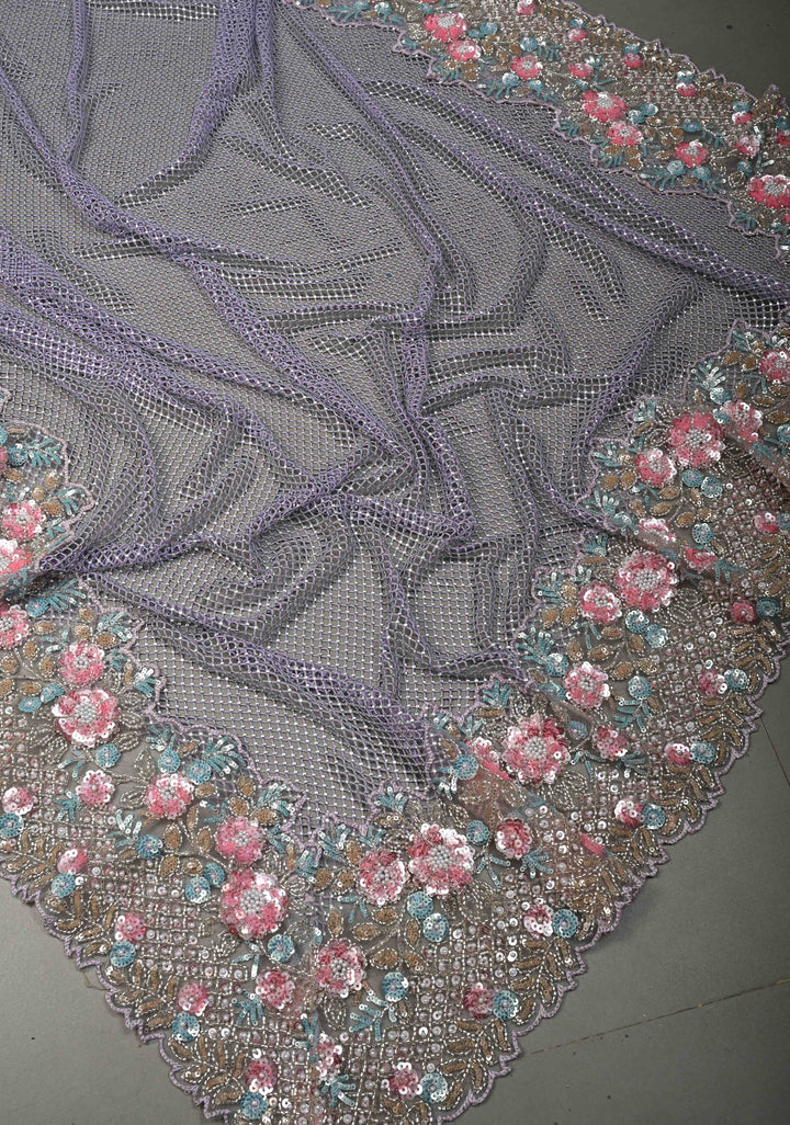 Lavender Meenakari Cutdana, Sequins and Moti Embellishment on Half-Half Net Saree with Geometric Design and Stone Work
