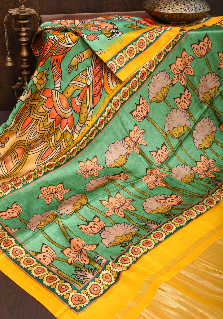 Gajji Silk Saree with Kalamkari Digital Print in Teal and yellow