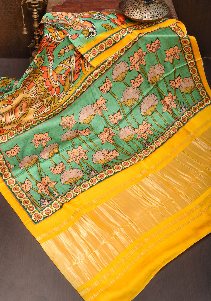 Gajji Silk Saree with Kalamkari Digital Print in Teal and yellow